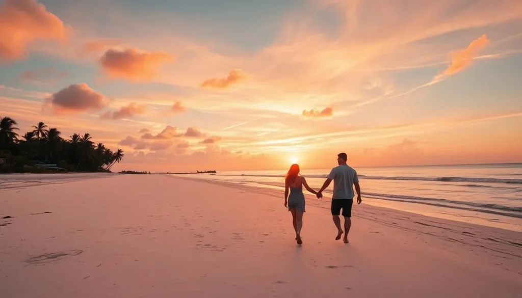 Couple walking on empty white sand beach at sunset on Bantayan Island Couple walking on empty white sand beach at sunset on Bantayan Island