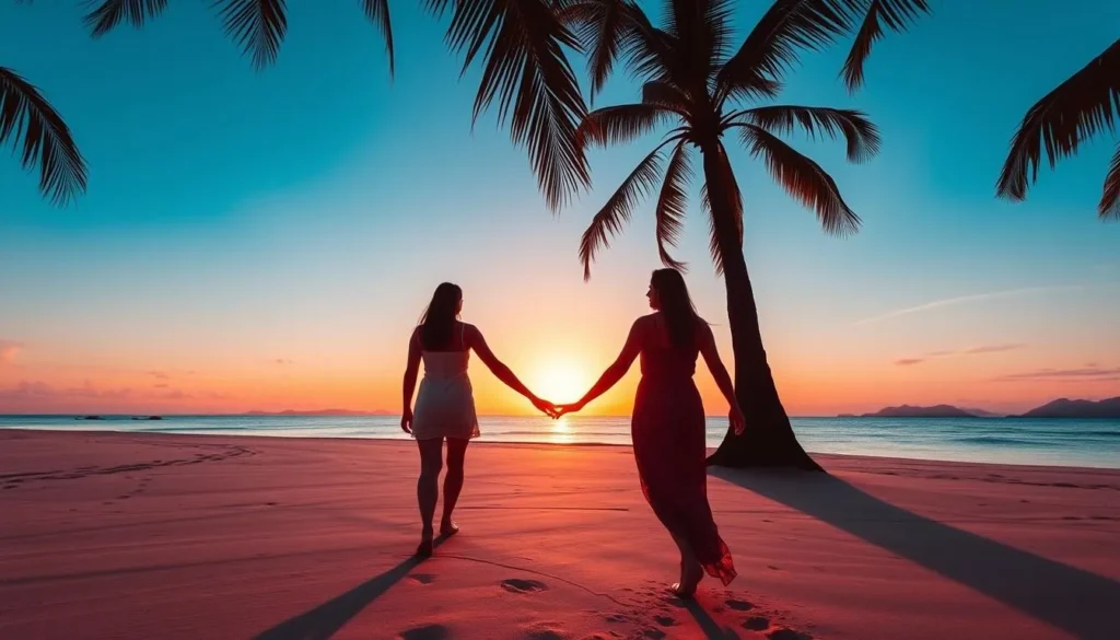 Couple walking on white sand beach with palm trees at sunset in Panglao Island