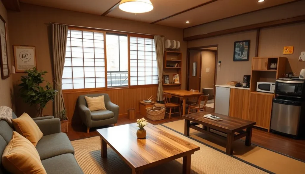 Cozy budget guesthouse common area in Otsu City, Japan