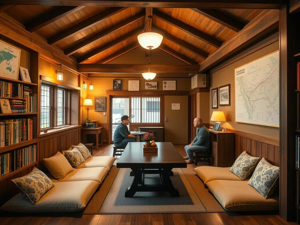 Cozy guesthouse common area in Takayama where travelers can socialize and plan their exploration of the best things to do in Takayama Japan