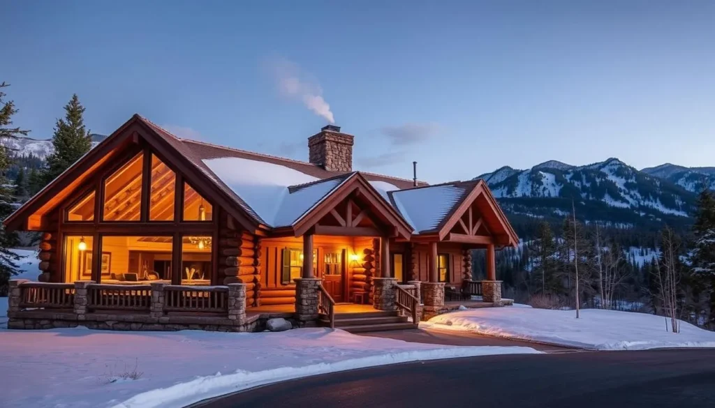 Cozy mountain lodge near Sunlight Mountain with snow-covered landscape