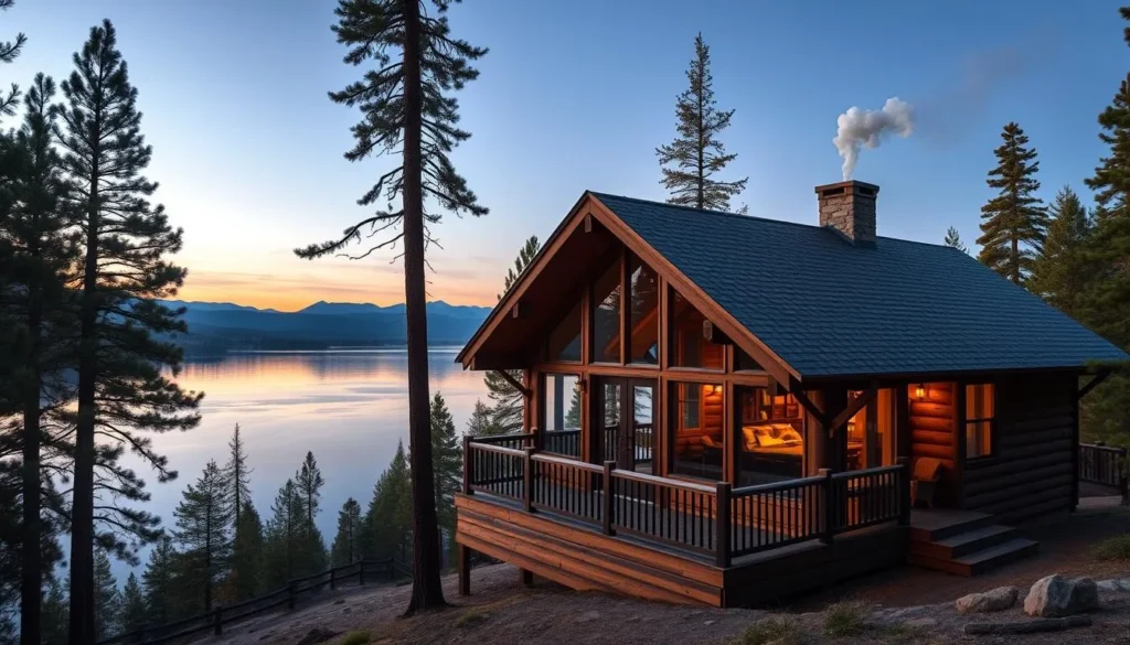 Cozy wooden cabin with a deck overlooking Big Bear Lake surrounded by pine trees