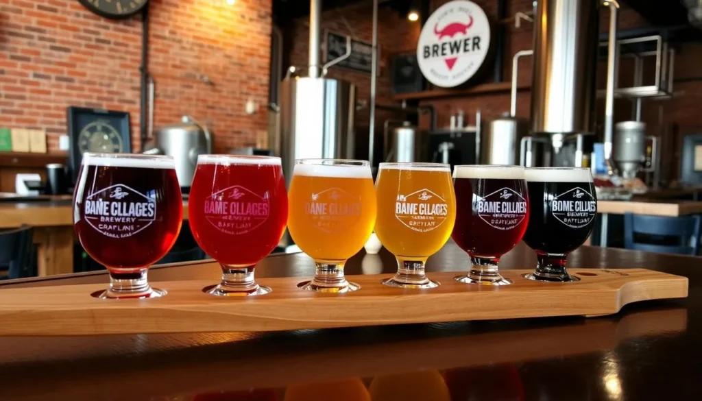 Craft beer flight at a Frederick Maryland brewery with historic brick interior