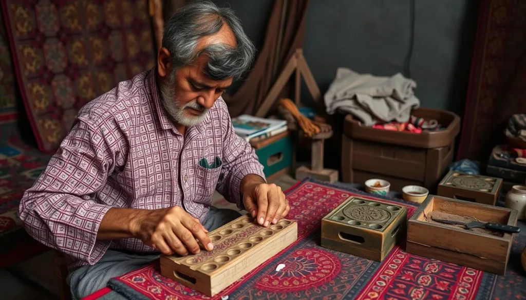 Craftsman creating traditional Ajrak textile in Hyderabad Pakistan