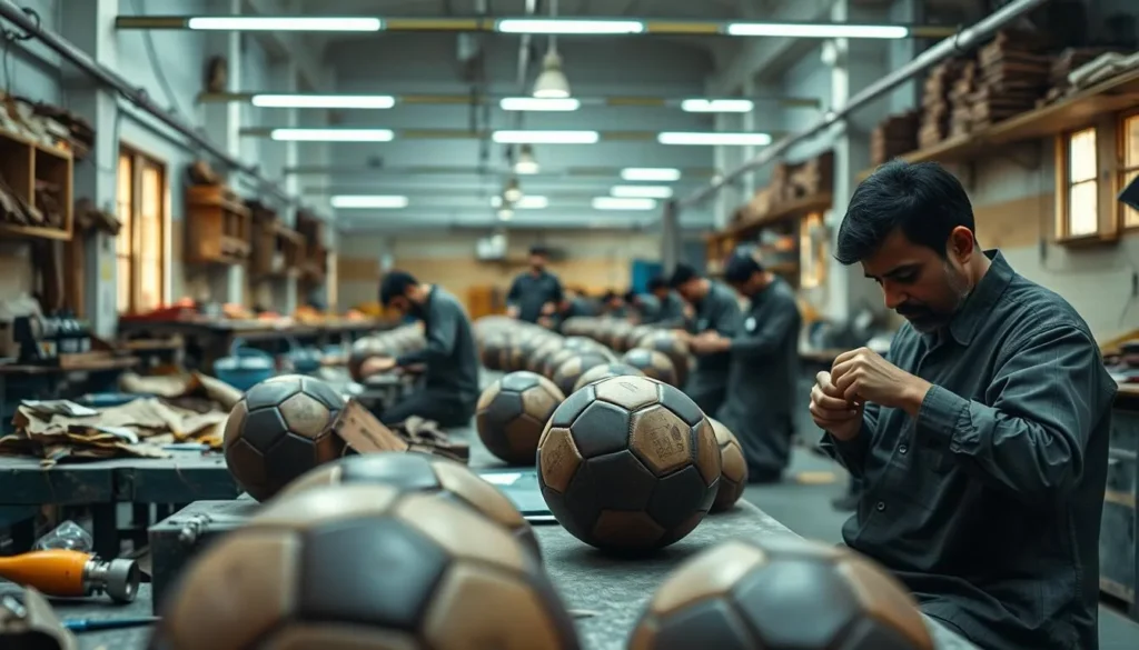 Craftsmen hand-stitching soccer balls in a Sialkot manufacturing facility
