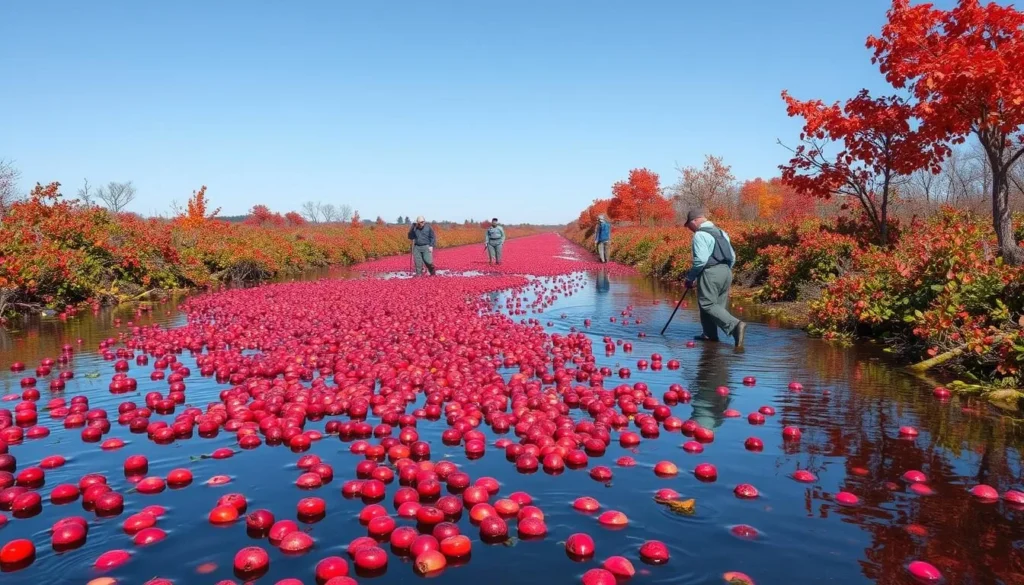 Cranberry harvest on Cape Cod with flooded bog and workers collecting berries, a unique Cape Cod, Massachusetts things to do seasonal activity Cranberry harvest on Cape Cod with flooded bog and workers collecting berries, a unique Cape Cod, Massachusetts things to do seasonal activity