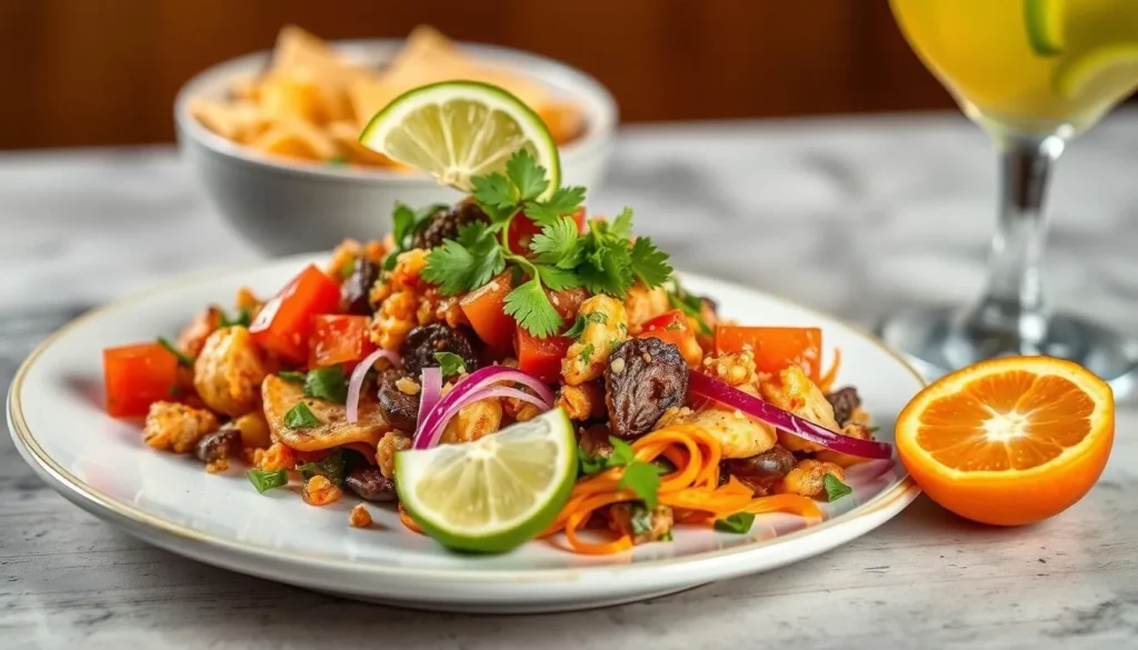 Create an image of a colorful, lively Latin-inspired dish with a signature cocktail.