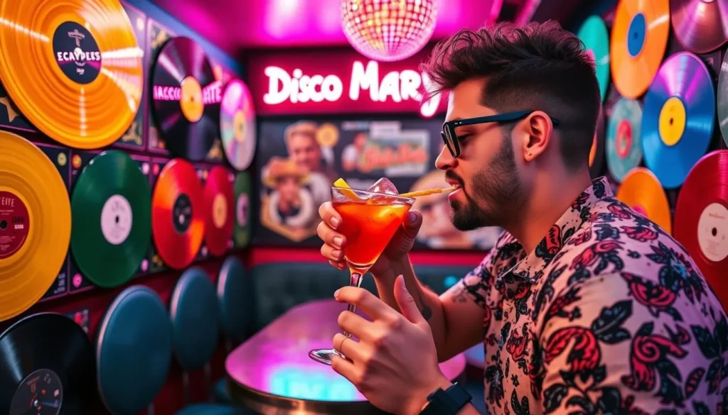 Create an image of a person enjoying a cocktail while surrounded by vinyl records at Disco Mary's.