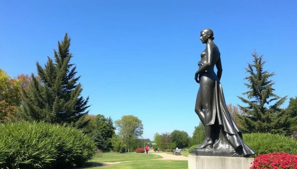 Create an image of a sculpture at Art Omi Sculpture Park surrounded by lush greenery.