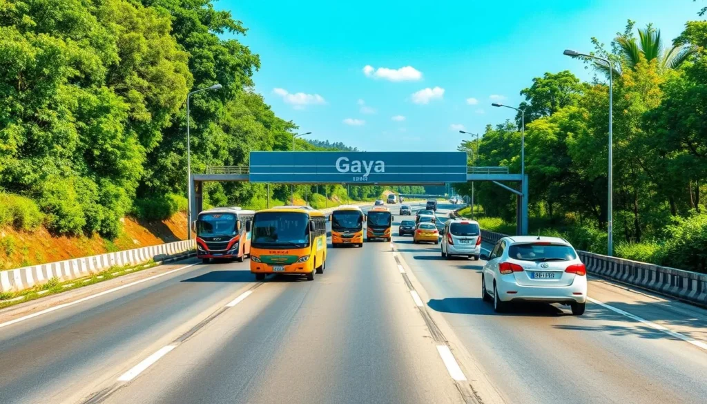 Create an image of a well-maintained highway leading to Gaya, with buses and taxis on the road.