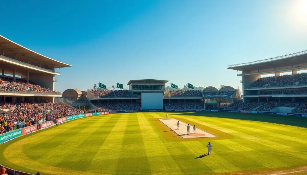 Cricket match at Sargodha Stadium with enthusiastic local crowd