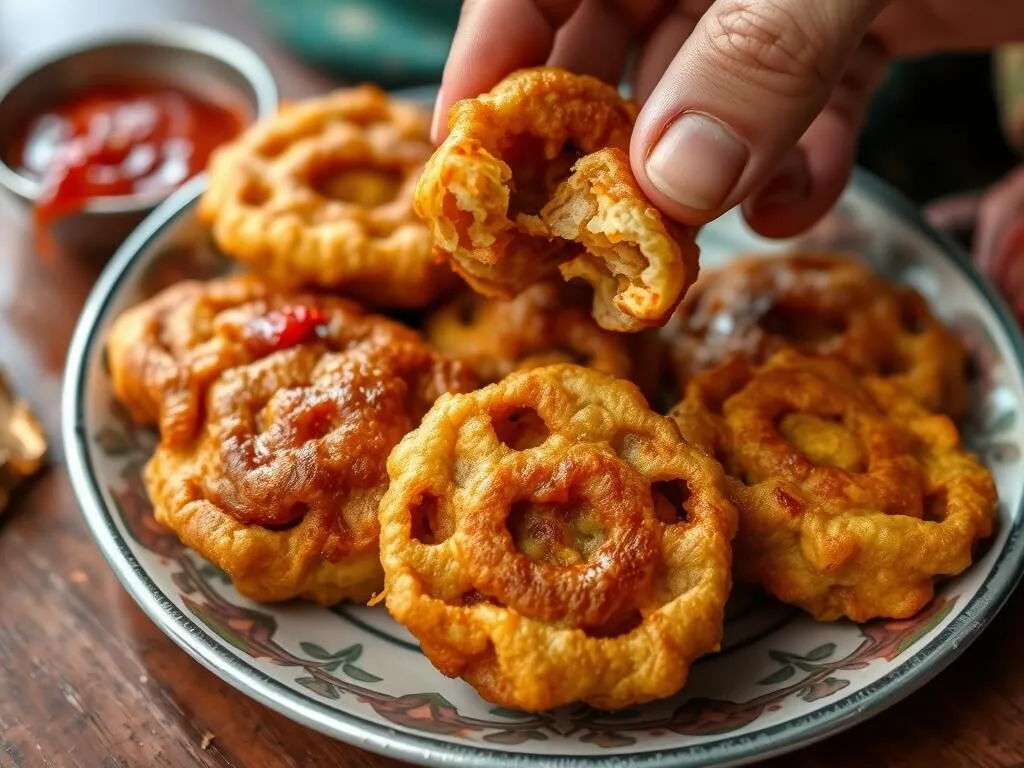 Crispy Nadru Monje (lotus stem fritters) served with chutney, a popular Kashmiri street food
