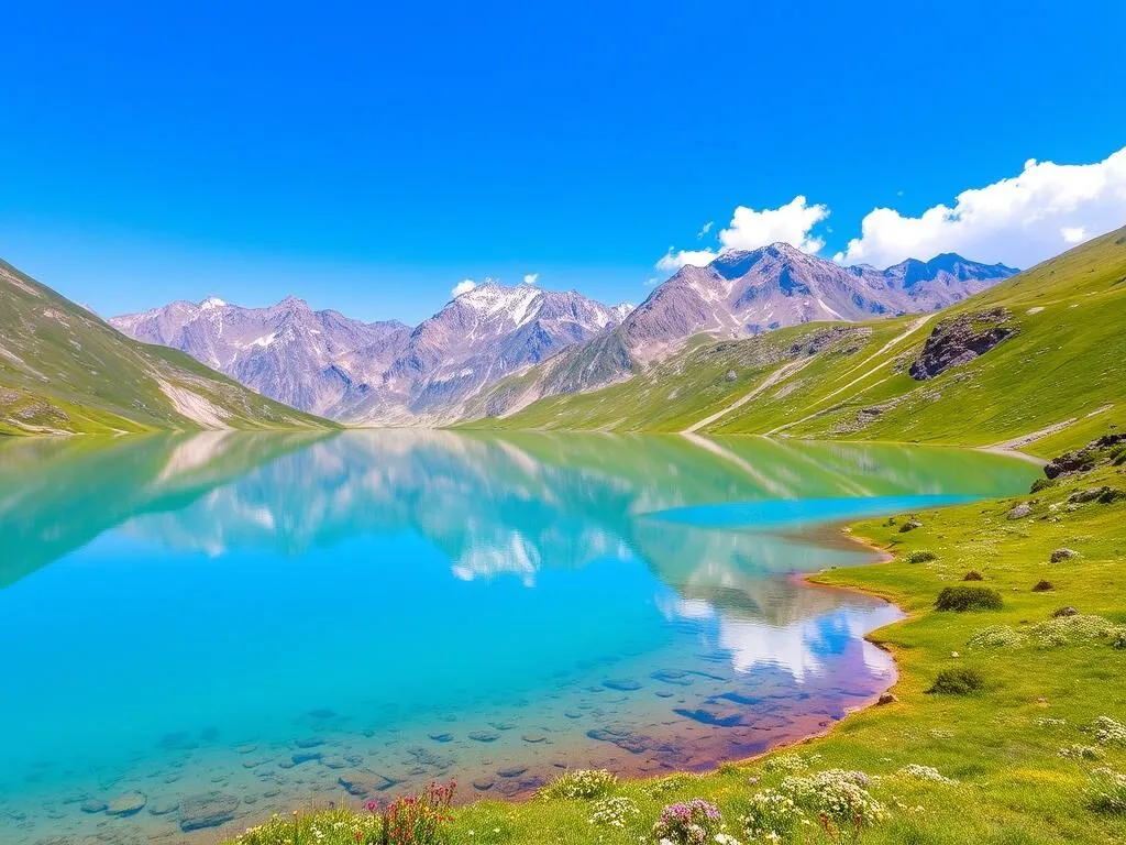 Crystal-clear Vishansar Lake reflecting surrounding mountains on the Kashmir Great Lakes Trek