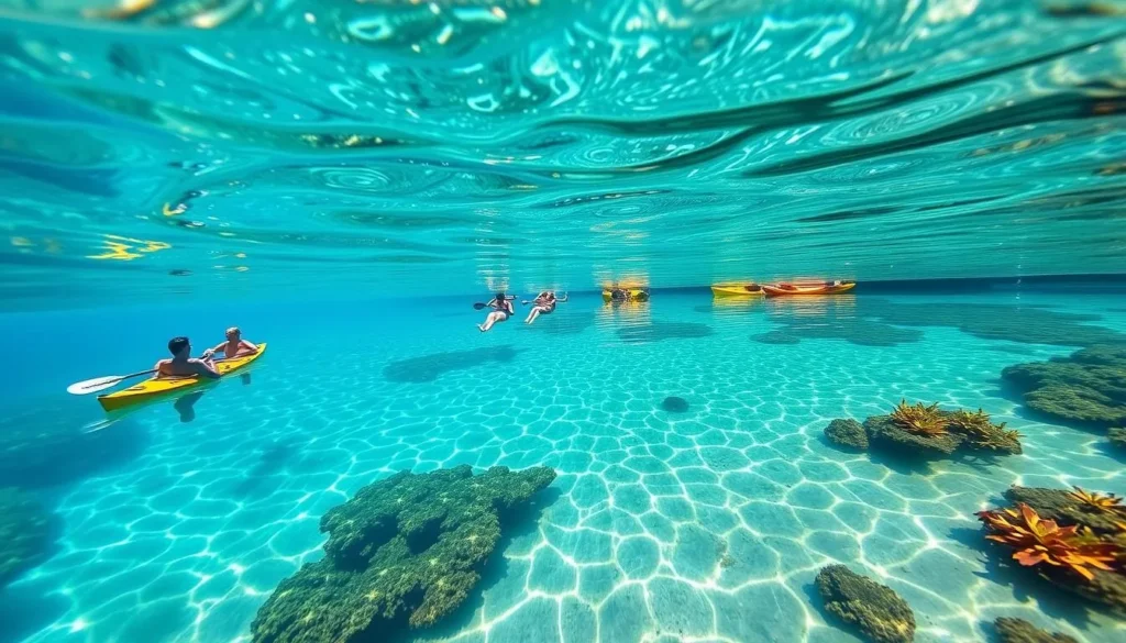 Crystal clear blue waters of Ginnie Springs in Florida with swimmers and kayakers Crystal clear blue waters of Ginnie Springs in Florida with swimmers and kayakers
