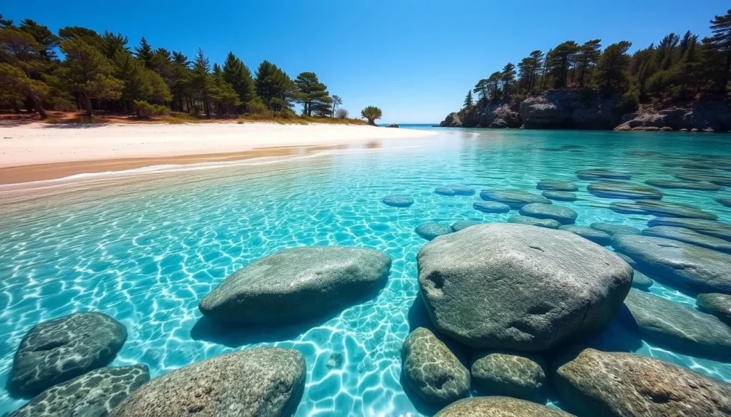 Crystal clear turquoise waters of Rubicon Bay Beach with granite boulders Crystal clear turquoise waters of Rubicon Bay Beach with granite boulders