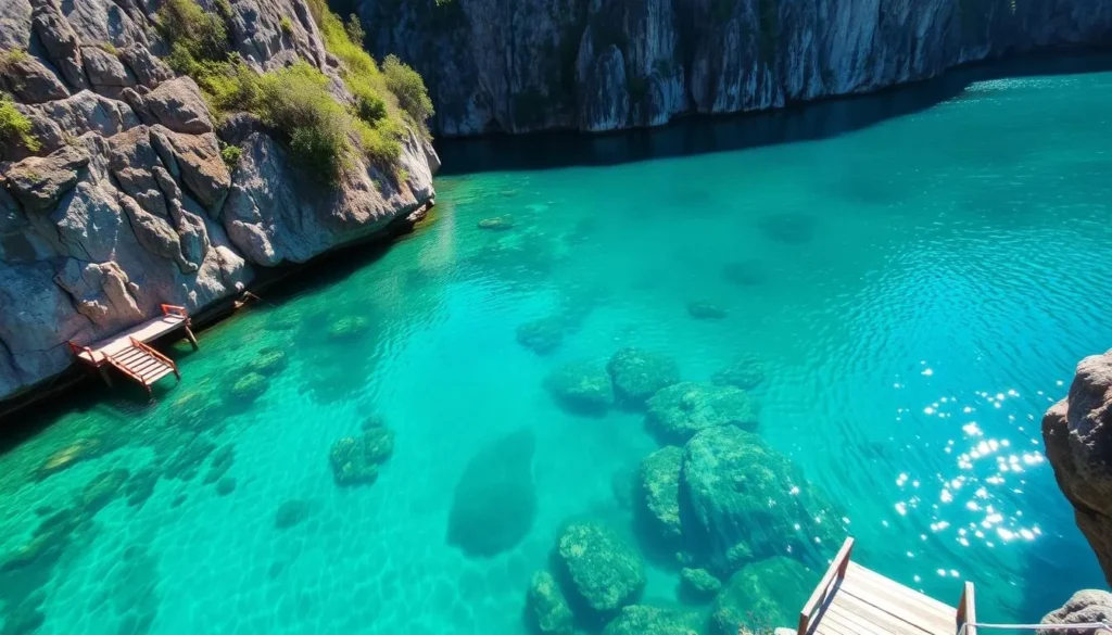Crystal clear waters of Kayangan Lake surrounded by limestone cliffs on Coron Island