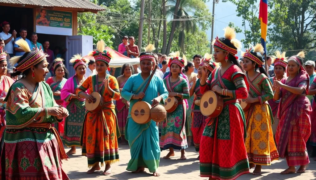 Cultural festival in Khagrachari Hills with traditional tribal dancers in colorful attire