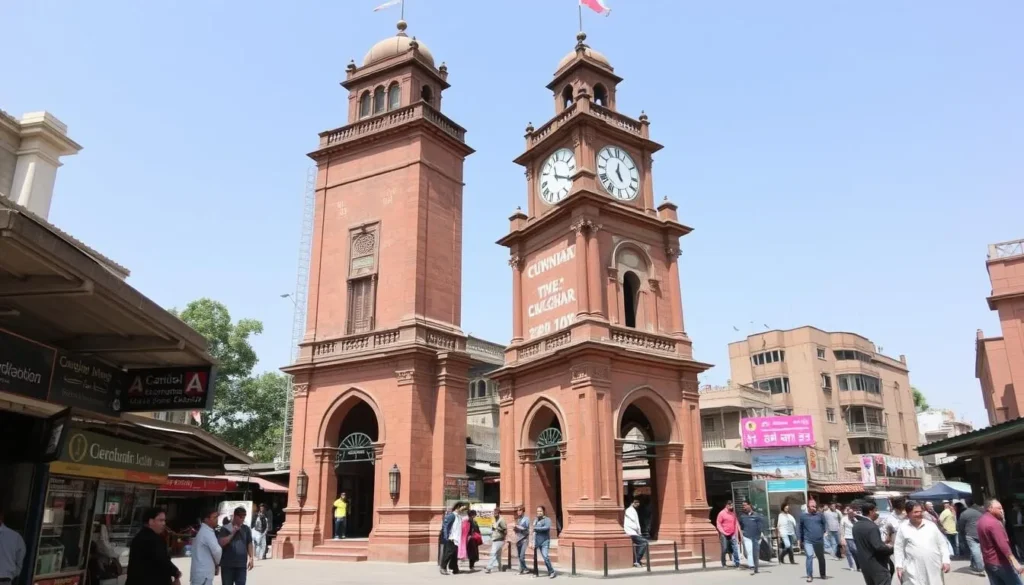 Cunningham Clock Tower in Peshawar with surrounding market activity