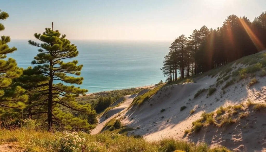 Curonian Spit Nature Reserve, a breathtaking coastal landscape in Lithuania. Capture the serene dunes, covered in lush pine forests, gently sloping towards the tranquil Baltic Sea. Showcase the interplay of light and shadow, with warm sunbeams filtering through the verdant canopy. Depict the winding trails that invite visitors to immerse themselves in the unspoiled natural beauty, from the delicate wildflowers adorning the forest floor to the majestic sand sculptures sculpted by the wind. Convey a sense of peaceful solitude, where one can truly connect with the rhythms of the earth. The overall scene should exude a captivating, inviting atmosphere that entices nature enthusiasts to explore this natural wonder.
