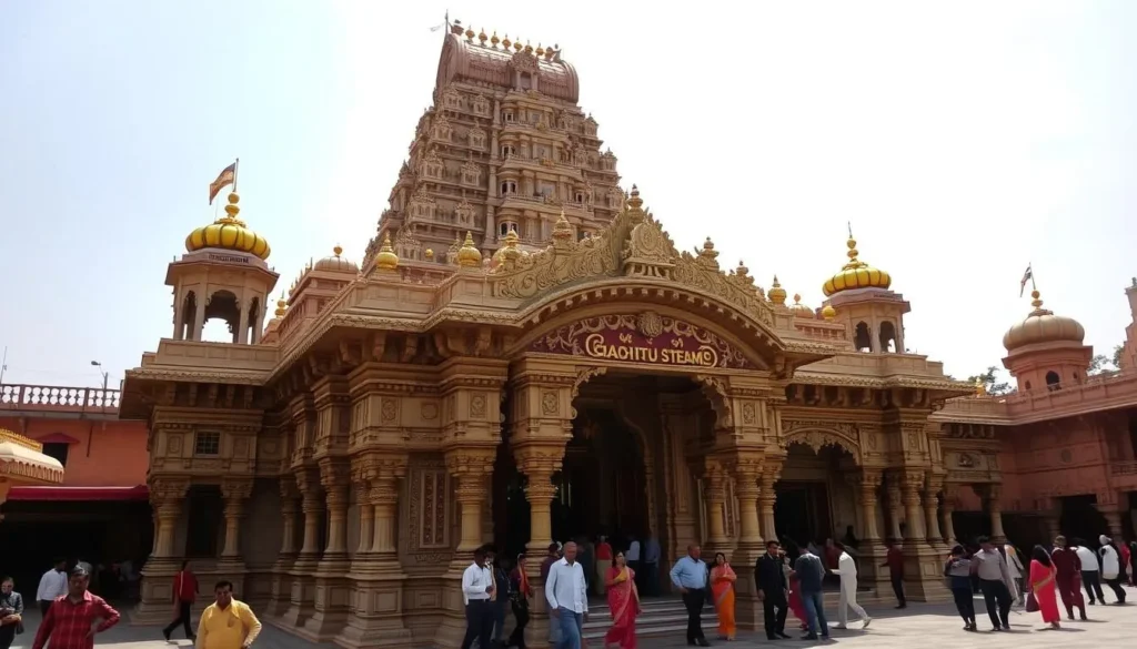 Dagdusheth Halwai Ganpati Temple in Pune with its ornate architecture and golden decorations Dagdusheth Halwai Ganpati Temple in Pune with its ornate architecture and golden decorations