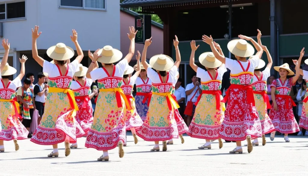Dancers performing the traditional Awa Odori dance in colorful costumes during the Tokushima festival Dancers performing the traditional Awa Odori dance in colorful costumes during the Tokushima festival
