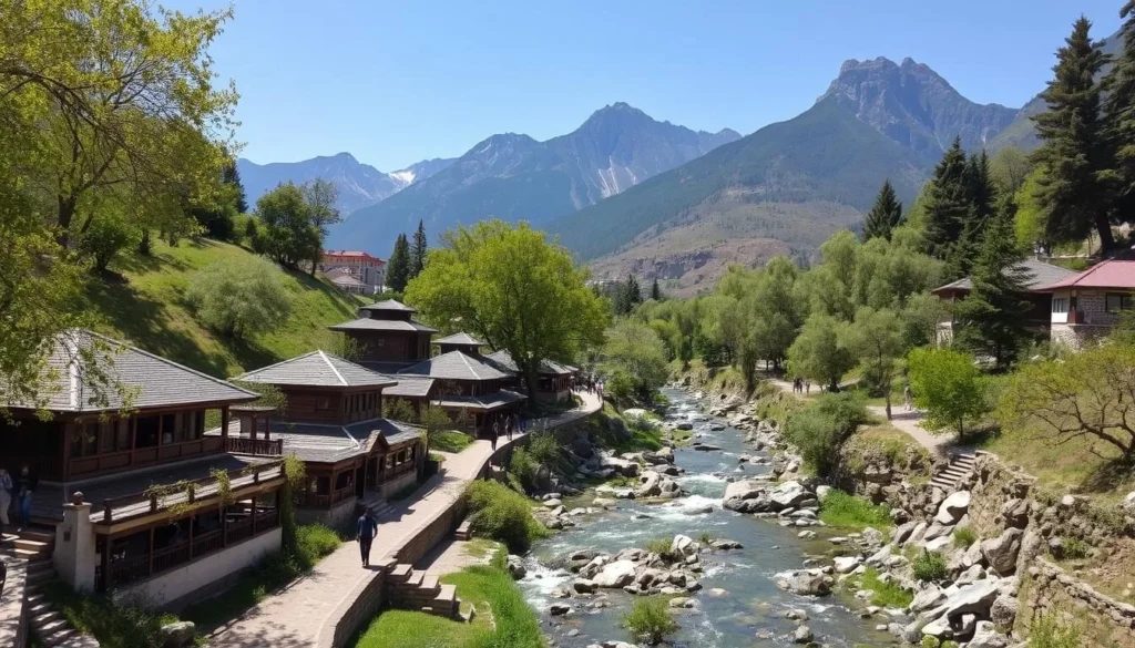 Darband hiking trail with restaurants along the stream and mountains in background, outdoor things to do in Tehran Iran Darband hiking trail with restaurants along the stream and mountains in background, outdoor things to do in Tehran Iran