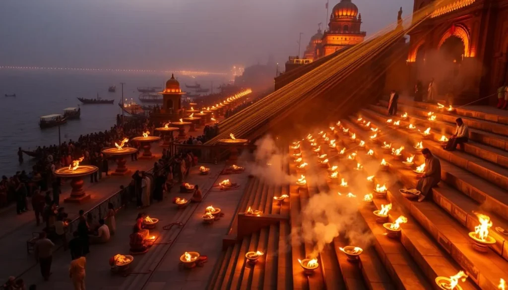 Dashashwamedh Ghat during evening Ganga Aarti ceremony with priests performing rituals, oil lamps, and crowds of spectators