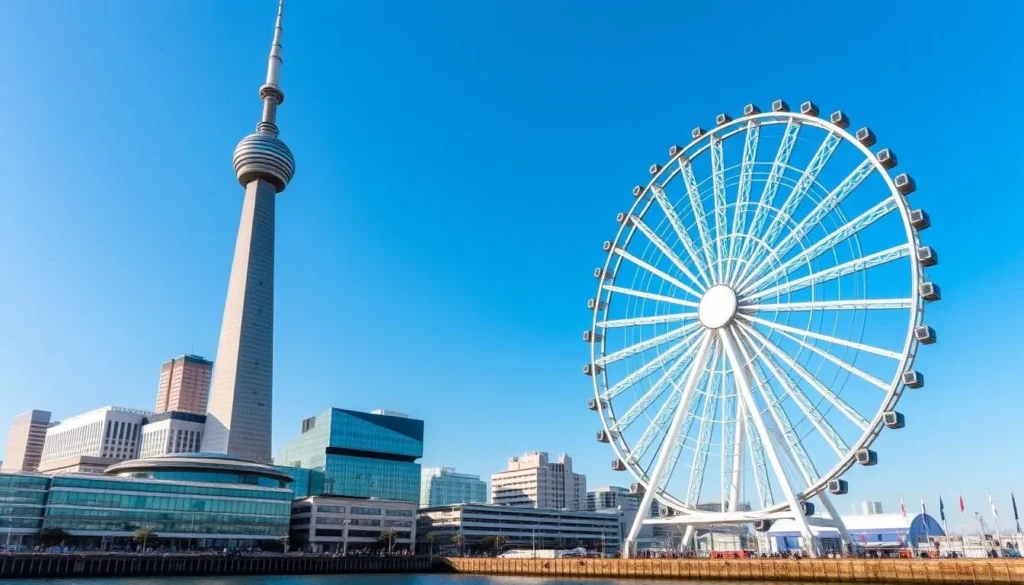 Daytime view of Minato Mirai 21 district in Yokohama Japan with Landmark Tower and Cosmo Clock 21 Ferris wheel visible along the waterfront