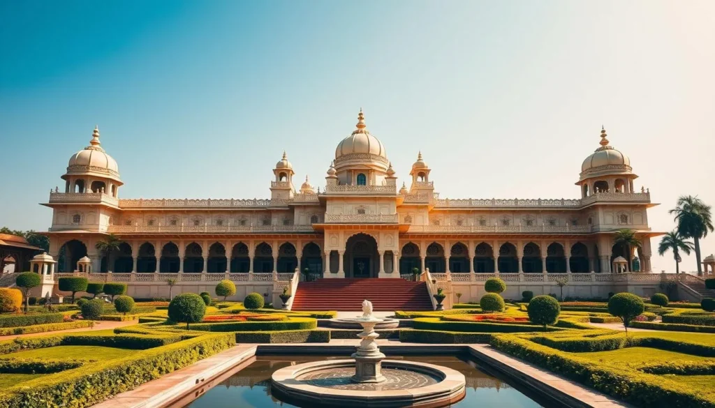 Daytime view of the magnificent Mysore Palace showcasing its Indo-Saracenic architecture with intricate details and beautiful gardens
