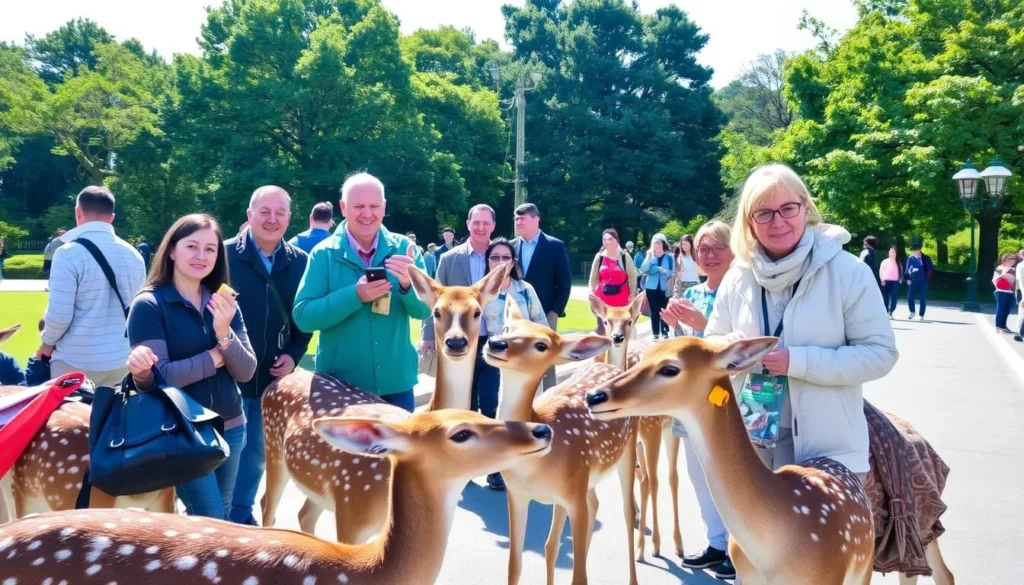 Deer roaming freely in Nara Park with tourists feeding them Deer roaming freely in Nara Park with tourists feeding them