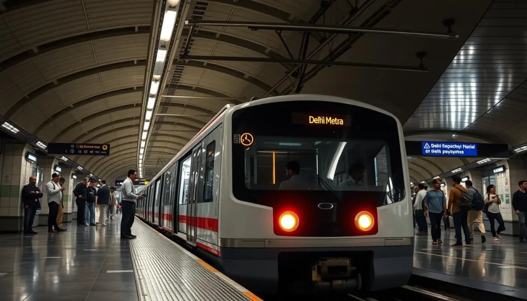 Delhi Metro train arriving at a modern station with passengers waiting on the platform Delhi Metro train arriving at a modern station with passengers waiting on the platform