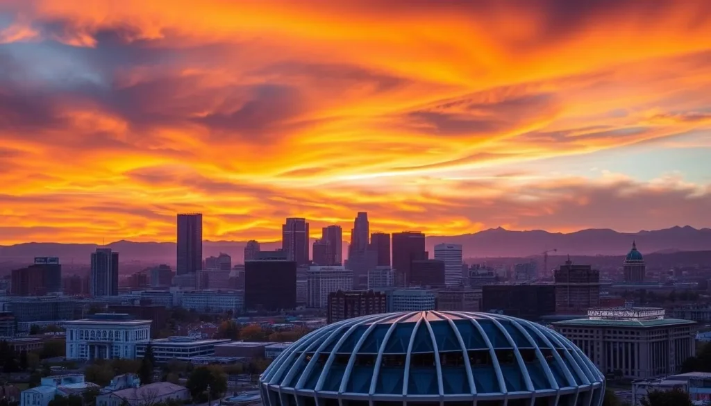 Denver city skyline with a sports stadium