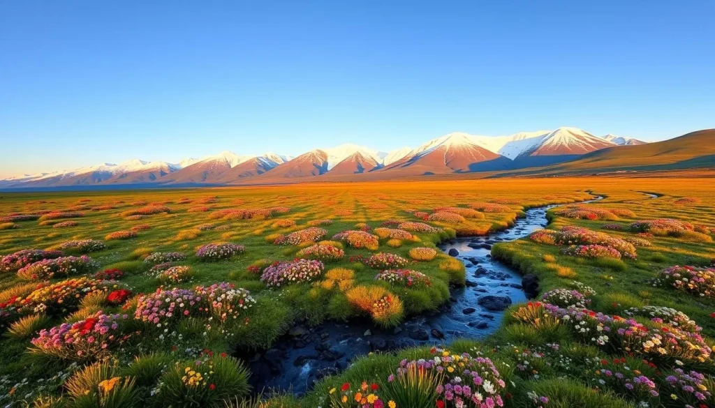 Deosai Plains covered in summer wildflowers with mountains in the background