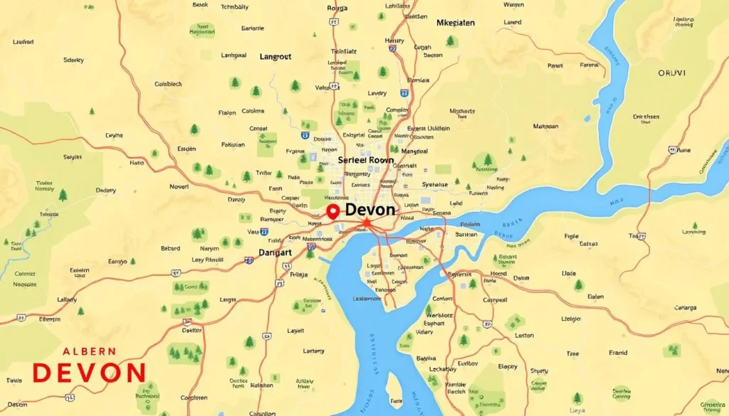 Detailed map of Devon, Alberta, showcasing its local landmarks, neighborhoods, and transportation routes. Crisp, high-resolution cartography with a clean, modern aesthetic. Emphasize the region's natural beauty, featuring rolling hills, lush green spaces, and winding roads. Convey a sense of exploration and discovery, encouraging the viewer to plan their visit and navigate the area with ease. Utilize a warm, inviting color palette that evokes the region's charm. Incorporate subtle shading and textures to create depth and visual interest. Present the map from an overhead perspective, providing a comprehensive view of the town and its surroundings.