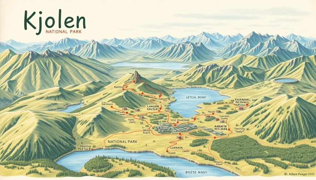 Detailed map of Kjolen National Park, Norway, showcasing the lush landscapes and natural wonders. Capture the park's serene atmosphere with a panoramic view of the rolling hills, tranquil lakes, and towering peaks. Depict the park's trails and hiking routes in a clear, easy-to-navigate layout. Highlight the key landmarks, scenic viewpoints, and outdoor activity areas. Use a warm, inviting color palette that evokes the park's natural beauty on a sunny day. Render the map with a realistic, hand-drawn style, conveying a sense of exploration and adventure. Provide a sense of scale and depth, allowing viewers to immerse themselves in the park's grandeur.