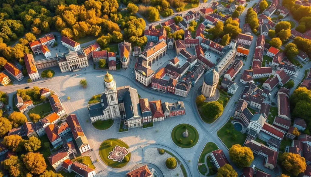 Detailed topographical map of the historic city of Ceska Lipa, Czechia, rendered in a realistic, highly detailed style. Showcase the city's charming old town center with its winding cobblestone streets, picturesque Baroque and Renaissance architecture, quaint plazas, and lush green parks. Depict the cityscape from an elevated perspective, capturing the full layout and key landmarks like the Church of St. Nicholas, the Town Hall, and the Chateau. Bathe the scene in warm, golden afternoon sunlight that casts long shadows and highlights the intricate details. Convey a sense of tranquility, inviting the viewer to explore this beautiful, well-preserved Czech city.