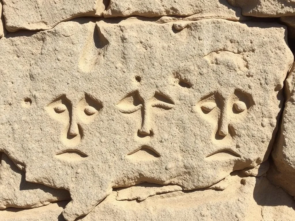 Detailed view of the three-indentation face petroglyphs at Big Spring National Park
