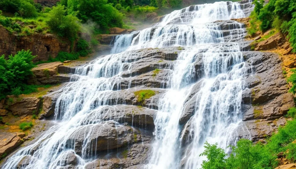 Dhani Waterfall in Neelam Valley with water cascading down rocky cliffs surrounded by lush greenery Dhani Waterfall in Neelam Valley with water cascading down rocky cliffs surrounded by lush greenery