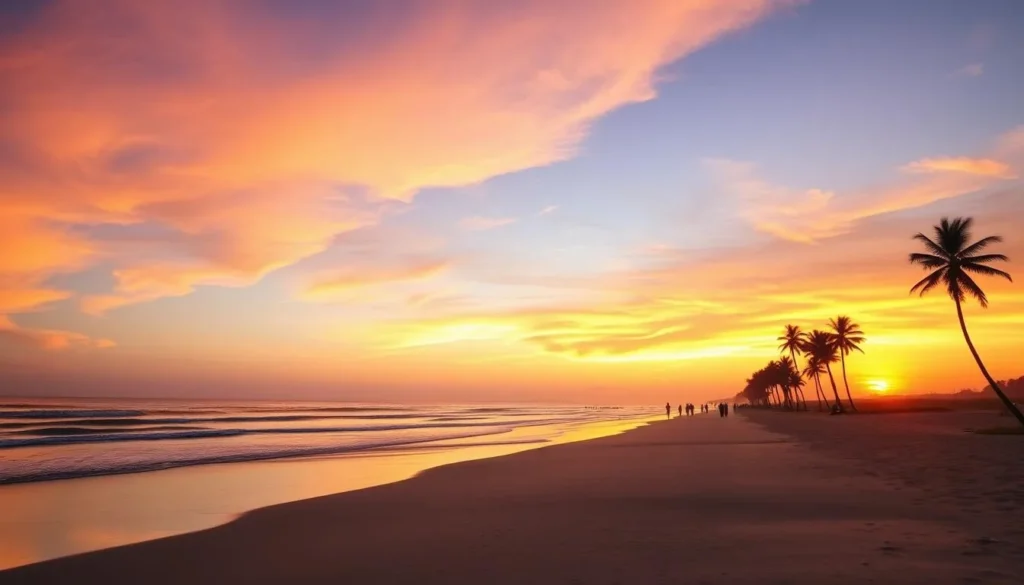 Digha beach at sunset with palm trees, colorful sky, and visitors enjoying the seaside Digha beach at sunset with palm trees, colorful sky, and visitors enjoying the seaside