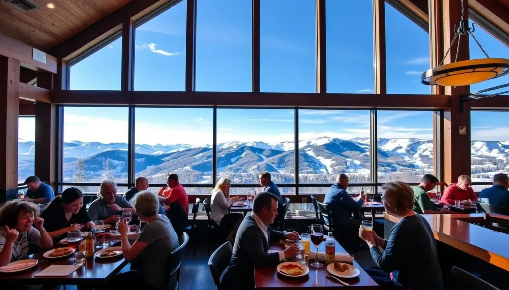 Diners enjoying food and drinks at Powderhorn Mountain's Sunset Grille with mountain views