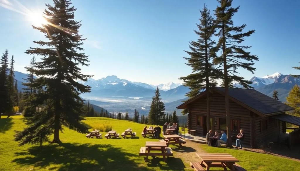 Dining along Icefields Parkway: A serene mountain vista with a cozy outdoor dining area overlooking the stunning glacial landscape. Rustic log cabin nestled amidst towering pine trees, with wooden tables and benches dotting the lush green meadow. Warm sunlight filters through the branches, casting a golden glow on the scene. In the distance, the majestic snow-capped peaks of the Canadian Rockies rise majestically. Hikers and travelers pause to savor the breathtaking views and indulge in a hearty meal amidst the tranquil alpine setting.