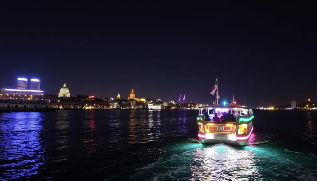 Dinner cruise boat on the Nile River in Cairo Egypt at night with city lights