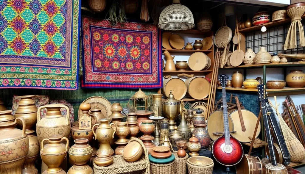 Display of colorful Bangladeshi handicrafts including nakshi kantha and bamboo products