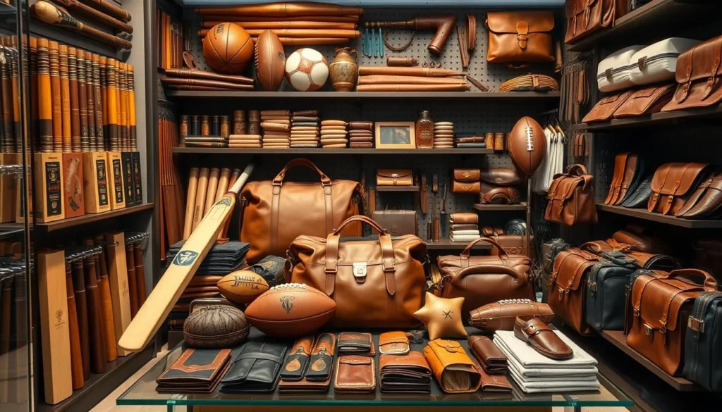Display of handcrafted leather goods and sports equipment in a Sialkot shop