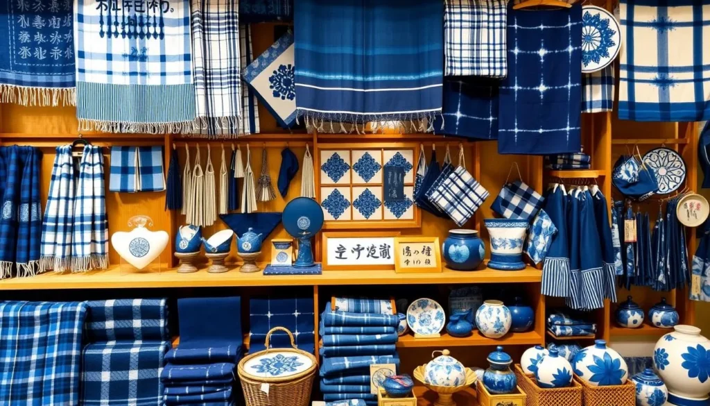 Display of traditional indigo-dyed textiles and crafts at a shop in Tokushima Display of traditional indigo-dyed textiles and crafts at a shop in Tokushima