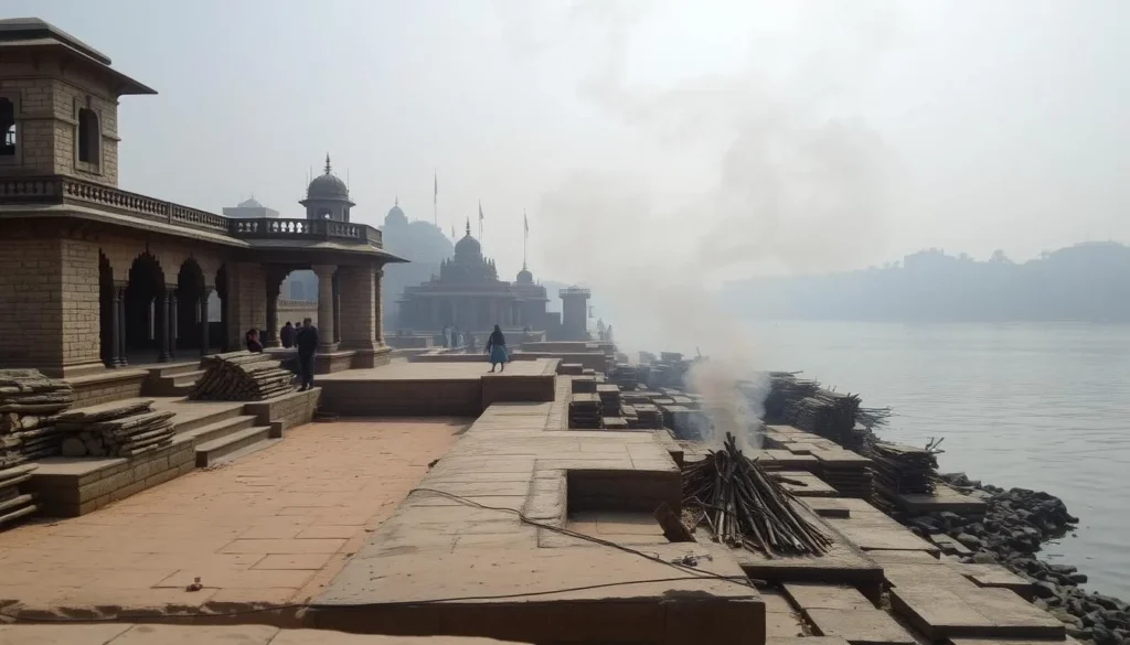 Distant respectful view of Manikarnika Ghat showing the ancient cremation grounds with smoke rising from funeral pyres