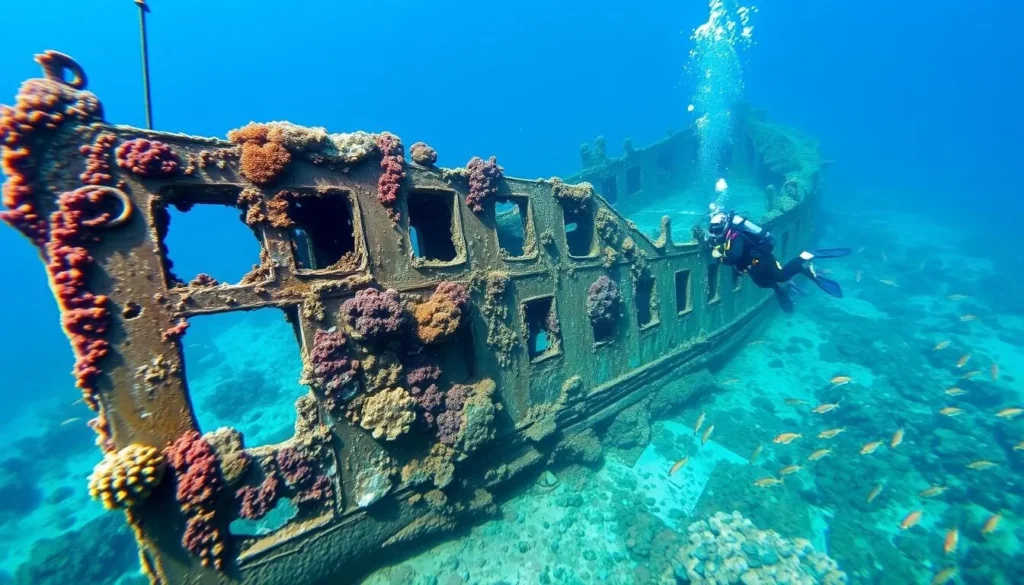 Diver exploring a WWII shipwreck covered in coral near Busuanga Island