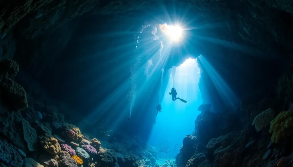 Divers exploring the underwater cathedral cave at Pescador Island