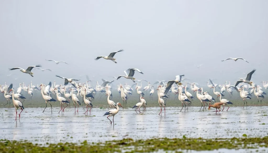 Diverse bird species in Chalan Beel wetlands during winter migration season
