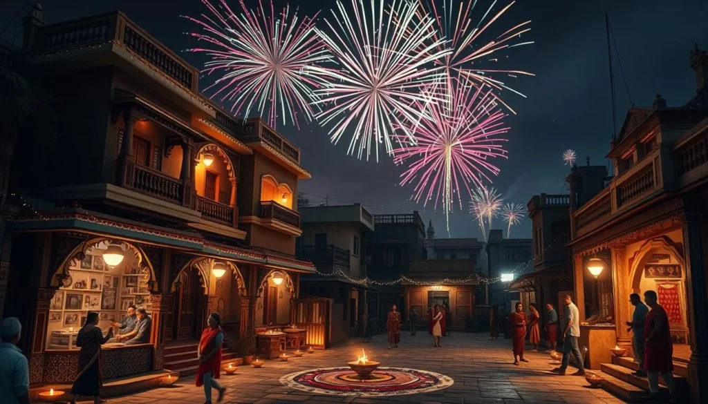 Diwali celebration in Ahmedabad showing illuminated buildings, oil lamps, and fireworks Diwali celebration in Ahmedabad showing illuminated buildings, oil lamps, and fireworks